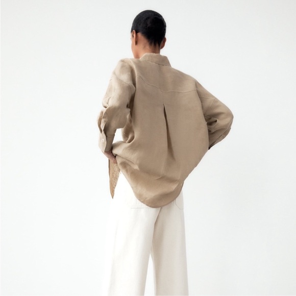 Zara Linen Button-Down Shirt with Pocket in Beige/Tan - Picture 9 of 9